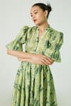 Buy_Ekastories_Green Cotton V-neck Geometric Print Dress _Online_at_Aza_Fashions