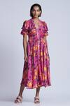 Buy_Ekastories_Pink Cotton V-neck Floral Print Midi Dress _at_Aza_Fashions