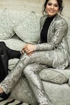 Shop_Rohit Gandhi + Rahul Khanna_Silver Georgette Embellished Arrow Sequins Jacket And Trouser Set _at_Aza_Fashions