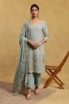 Buy_Akriti by Ritika_Blue Crepe Embroidery Sequin Round Neck Jahera Mughal Kurta Set _at_Aza_Fashions