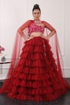 Buy_KIRAN KALSI_Red Net Hand Embroidery Floral Asymmetric Ruffle Layered Lehenga Blouse Set _at_Aza_Fashions