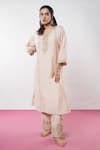 Buy_Pants And Pajamas_Beige Chanderi Sequins, Zari, Embroidery Round Neck Kurta And Pant Set _at_Aza_Fashions