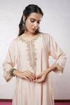Shop_Pants And Pajamas_Beige Chanderi Sequins, Zari, Embroidery Round Neck Kurta And Pant Set _Online_at_Aza_Fashions