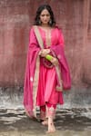 Buy_Pants and Pajamas_Pink Chanderi Embroidery Zari Thread Round Kurta And Pant Set _at_Aza_Fashions