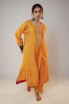 Buy_Pants and Pajamas_Yellow Chanderi Embroidery Zari Thread Notched Sequin Work Kurta And Pant Set _at_Aza_Fashions