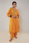 Buy_Pants and Pajamas_Yellow Chanderi Embroidery Zari Thread Notched Sequin Work Kurta And Pant Set _Online_at_Aza_Fashions