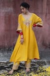 Buy_Pants and Pajamas_Yellow Chanderi Embroidery Zari Thread Blunt V Neck Neckline Kurta And Pant Set _at_Aza_Fashions