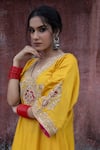 Pants and Pajamas_Yellow Chanderi Embroidery Zari Thread Blunt V Neck Neckline Kurta And Pant Set _Online_at_Aza_Fashions