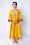 Buy_Pants and Pajamas_Yellow Chanderi Embroidery Zari Thread Blunt V Neck Neckline Kurta And Pant Set _Online_at_Aza_Fashions