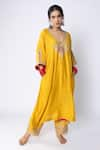 Shop_Pants and Pajamas_Yellow Chanderi Embroidery Zari Thread Blunt V Neck Neckline Kurta And Pant Set _Online_at_Aza_Fashions