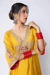 Pants and Pajamas_Yellow Chanderi Embroidery Zari Thread Blunt V Neck Neckline Kurta And Pant Set _at_Aza_Fashions