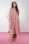 Buy_Pants and Pajamas_Pink Chanderi Embroidery Zari Thread Round Yoke Kurta Pant Set _at_Aza_Fashions