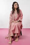 Pants and Pajamas_Pink Chanderi Embroidery Zari Thread Round Yoke Kurta Pant Set _Online_at_Aza_Fashions