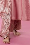 Buy_Pants and Pajamas_Pink Chanderi Embroidery Zari Thread Round Yoke Kurta Pant Set _Online_at_Aza_Fashions