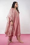 Shop_Pants and Pajamas_Pink Chanderi Embroidery Zari Thread Round Yoke Kurta Pant Set _Online_at_Aza_Fashions