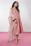 Pants and Pajamas_Pink Chanderi Embroidery Zari Thread Round Yoke Kurta Pant Set _at_Aza_Fashions