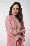 Buy_Pants and Pajamas_Pink Chanderi Embroidery Zari Thread Round Yoke Kurta Pant Set 