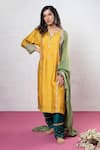 Buy_Pants And Pajamas_Yellow Chanderi Embroidery, Sequins Split V-neck Placement Kurta Set _at_Aza_Fashions