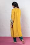 Shop_Pants And Pajamas_Yellow Chanderi Embroidery, Sequins Split V-neck Placement Kurta Set _at_Aza_Fashions