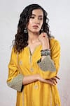 Shop_Pants And Pajamas_Yellow Chanderi Embroidery, Sequins Split V-neck Placement Kurta Set _Online_at_Aza_Fashions