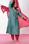 Buy_Pants and Pajamas_Green Chanderi Embroidery Zari Thread Notched Flower Kurta Pant Set _Online_at_Aza_Fashions