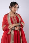 Pants and Pajamas_Red Chanderi Embroidery Zari Thread Round Leaf Kurta Pant Set _at_Aza_Fashions