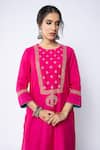 Shop_Pants And Pajamas_Pink Chanderi Embroidery, Sequins Round Neck Floral Kurta Pant Set _Online_at_Aza_Fashions