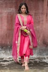 Pants and Pajamas_Pink Chanderi Embroidered Sequin Round Neck Zari And Kurta _Online_at_Aza_Fashions