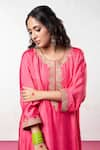 Pants and Pajamas_Pink Chanderi Embroidered Sequin Round Neck Zari And Kurta _at_Aza_Fashions