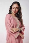 Pants and Pajamas_Pink Chanderi Embroidered Sequin Round Neck Zari Kurta _at_Aza_Fashions