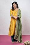 Pants And Pajamas_Yellow Chanderi Sequins, Zari, Patchwork Round Floral Applique Embroidered Kurta _Online_at_Aza_Fashions