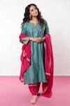 Pants And Pajamas_Green Chanderi Zari, Sequins, Patchwork Round Neck And Applique Embroidered Kurta _Online_at_Aza_Fashions