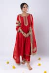 Buy_Pants and Pajamas_Red Chanderi Embroidered Sequin Round Neck Yoke Kurta _at_Aza_Fashions