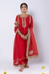 Pants and Pajamas_Red Chanderi Embroidered Sequin Round Neck Yoke Kurta _Online_at_Aza_Fashions