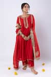 Buy_Pants and Pajamas_Red Chanderi Embroidered Sequin Round Neck Yoke Kurta _Online_at_Aza_Fashions