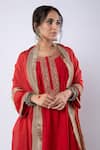 Shop_Pants and Pajamas_Red Chanderi Embroidered Sequin Round Neck Yoke Kurta _Online_at_Aza_Fashions