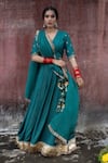 Buy_Pants and Pajamas_Green Lehenga And Blouse Chanderi Embroidered Floral V Neck Set _at_Aza_Fashions