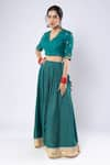 Pants and Pajamas_Green Lehenga And Blouse Chanderi Embroidered Floral V Neck Set _at_Aza_Fashions