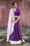 Buy_Pants and Pajamas_Purple Lehenga And Blouse Chanderi Embroidered Floral V Neck Gota Bordered Set _at_Aza_Fashions