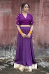 Shop_Pants and Pajamas_Purple Lehenga And Blouse Chanderi Embroidered Floral V Neck Gota Bordered Set _Online_at_Aza_Fashions