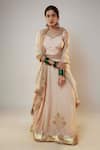 Buy_Pants and Pajamas_Beige Lehenga And Blouse Chanderi Embroidered Floral Leaf Set_at_Aza_Fashions