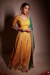 Buy_Pants and Pajamas_Yellow Lehenga And Blouse Chanderi Embroidered Floral Leaf Set _Online_at_Aza_Fashions