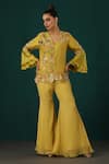 Buy_MINAKI_Yellow Satin Embroidery Floral V Neck Tunic With Sharara _at_Aza_Fashions