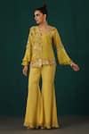 MINAKI_Yellow Satin Embroidery Floral V Neck Tunic With Sharara _at_Aza_Fashions