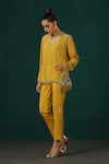 Minaki_Yellow Cotton Embroidery Floral Stand Collar Short Kurta With Trouser_Online_at_Aza_Fashions