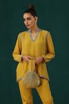 Buy_Minaki_Yellow Cotton Embroidery Floral Stand Collar Short Kurta With Trouser_Online_at_Aza_Fashions