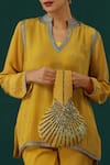 Shop_Minaki_Yellow Cotton Embroidery Floral Stand Collar Short Kurta With Trouser_Online_at_Aza_Fashions