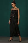Buy_Minaki_Black Pure Satin And Net Embroidery Sequins Round Tonal Cape Draped Skirt Set_at_Aza_Fashions