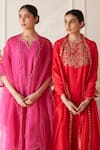 Juanita by Shubhda_Pink Handwoven Chanderi Dabka Embroidery Notched Neck Straight Kurta Pant Set _Online_at_Aza_Fashions