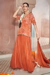 Buy_Megha Pitti_Orange Bemberg Crepe Hand Embroidered Floral Notched Kurta Sharara Set _at_Aza_Fashions